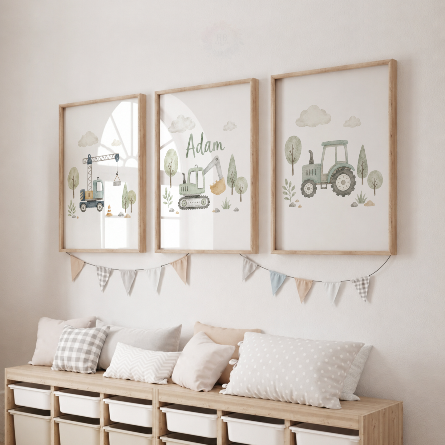 Little Green Machines – Personalised Set of 3 Construction Nursery Prints