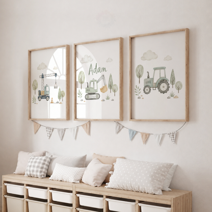 Little Green Machines – Personalised Set of 3 Construction Nursery Prints