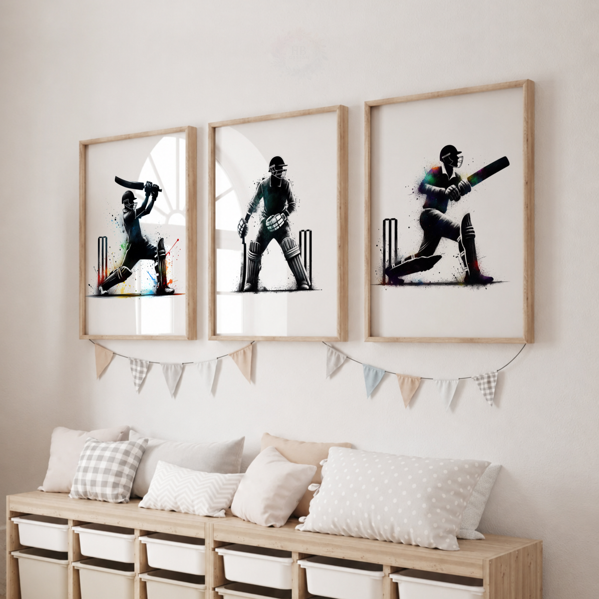 Cricket Wall Art Set – Black Batsman, Wicket Keeper & Colour Splash Sports Prints