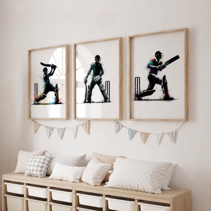 Cricket Wall Art Set – Black Batsman, Wicket Keeper & Colour Splash Sports Prints