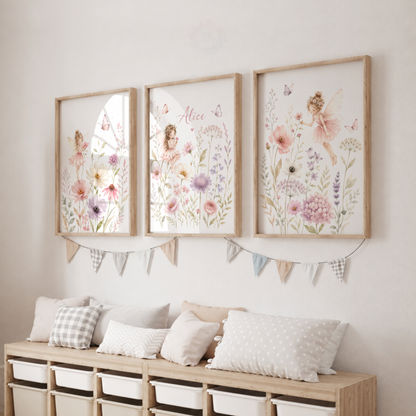 Personalised Fairy Wildflower Nursery Prints – Pink Floral Girls Wall Art Set
