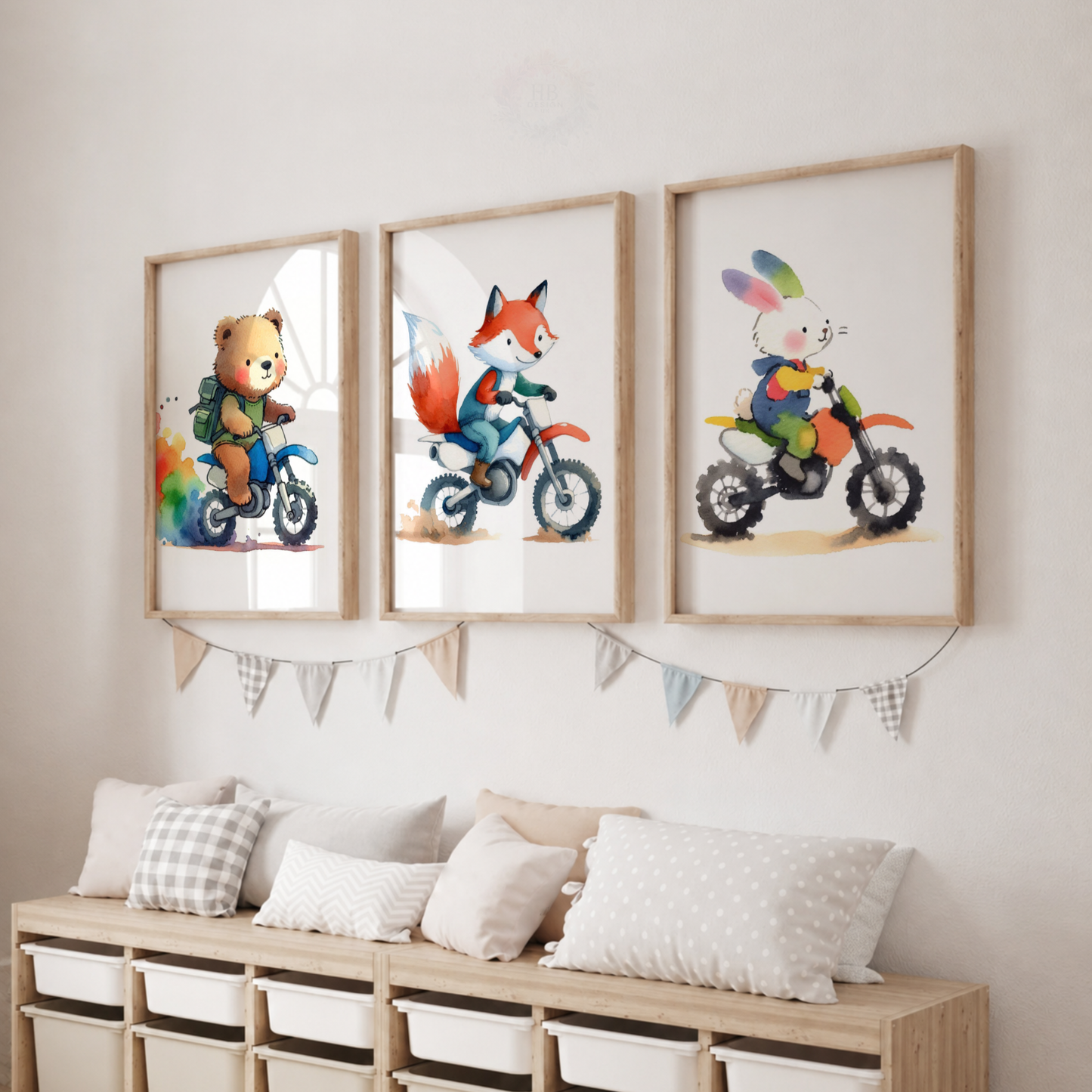 Woodland Animals on Motorbikes Nursery Prints Set – Bear Fox & Bunny Wall Art