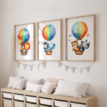 Safari Animals Hot Air Balloon Watercolor Wall Art Set – Rainbow Nursery Prints