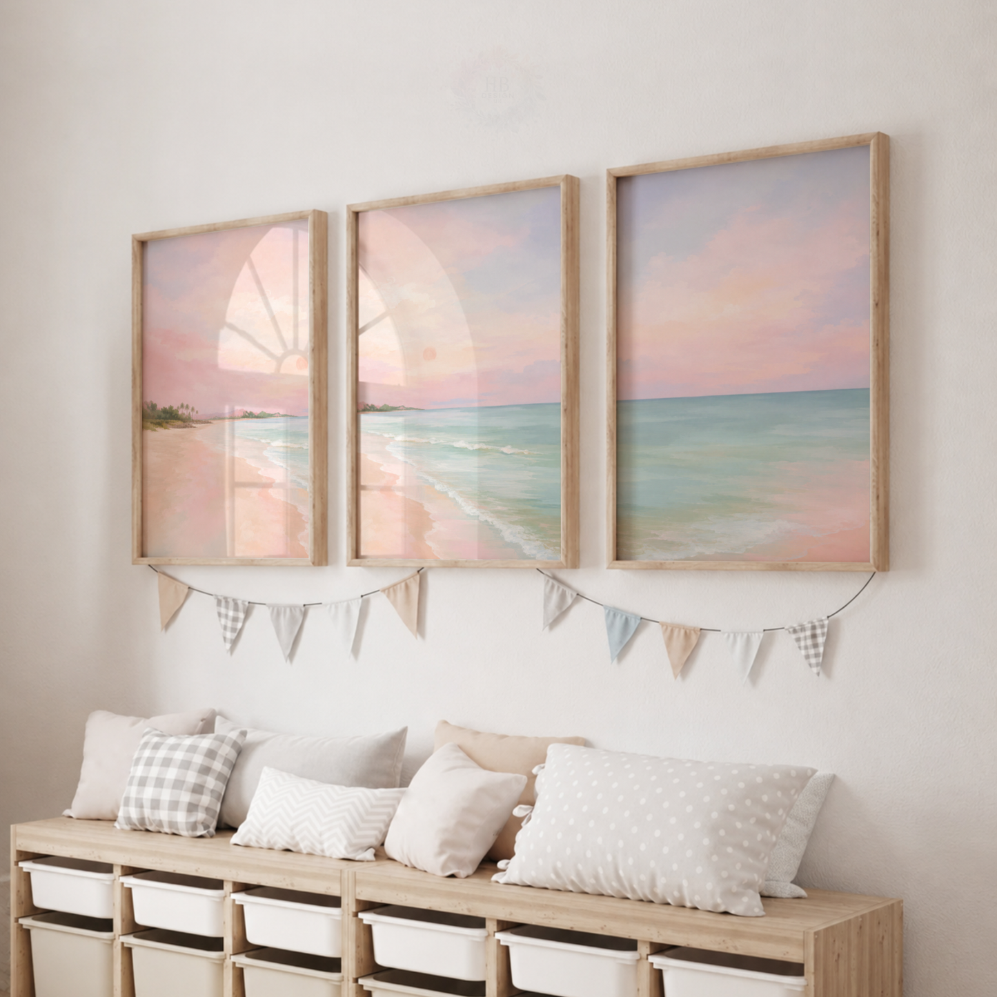 Pastel Beach Wall Art Set – Blush Pink Coastal Seascape Prints