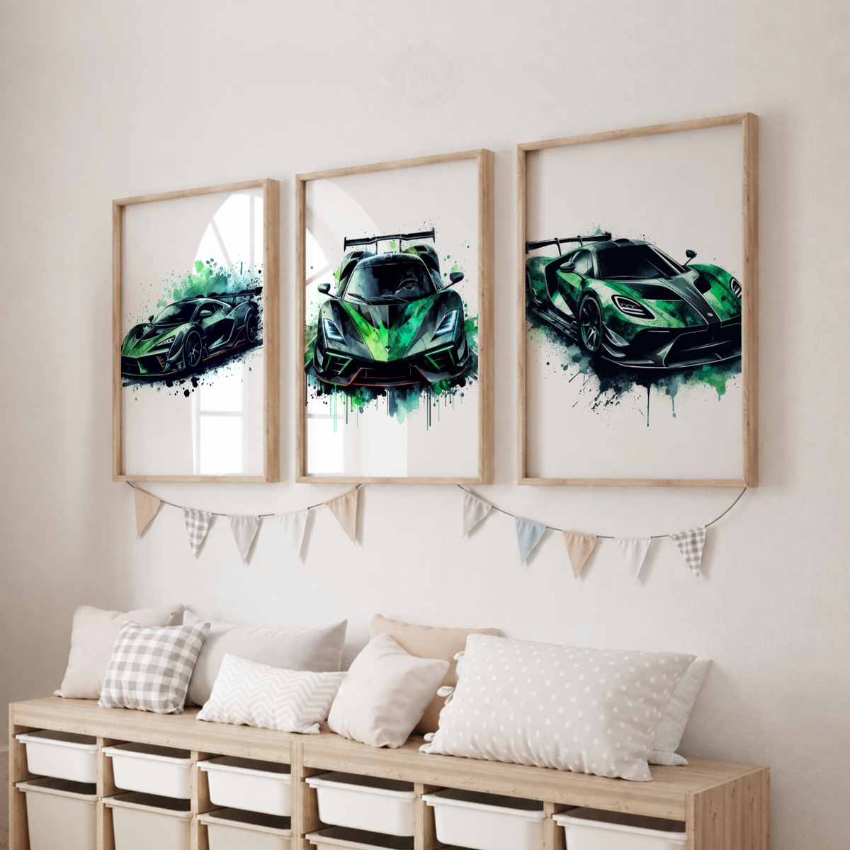 Green Supercar Wall Art Set – Watercolor Sports Car Prints