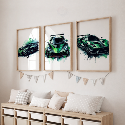Green Supercar Wall Art Set – Watercolor Sports Car Prints