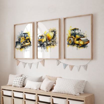 Construction Vehicle Watercolor Prints Set – Bulldozer, Cement Mixer & Road Roller Wall Art