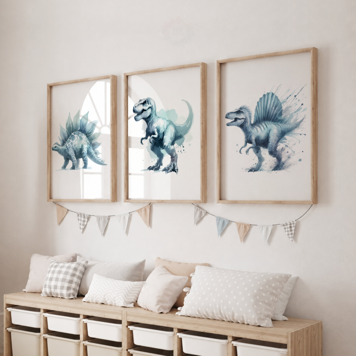 Blue Dinosaur Nursery Prints Set – T-Rex Stegosaurus & Spinosaurus Wall Art