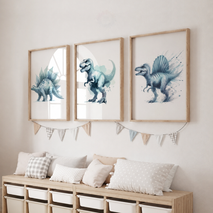 Blue Dinosaur Nursery Prints Set – T-Rex Stegosaurus & Spinosaurus Wall Art