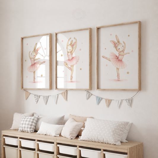 Pink Bunny Ballerina Nursery Wall Art Set – Watercolour Rabbit Ballet Prints