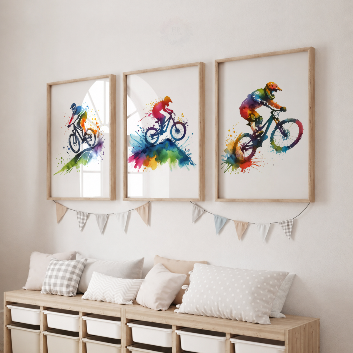 Mountain Biking Watercolor Wall Art Set – Colourful MTB Cyclist Sports Prints