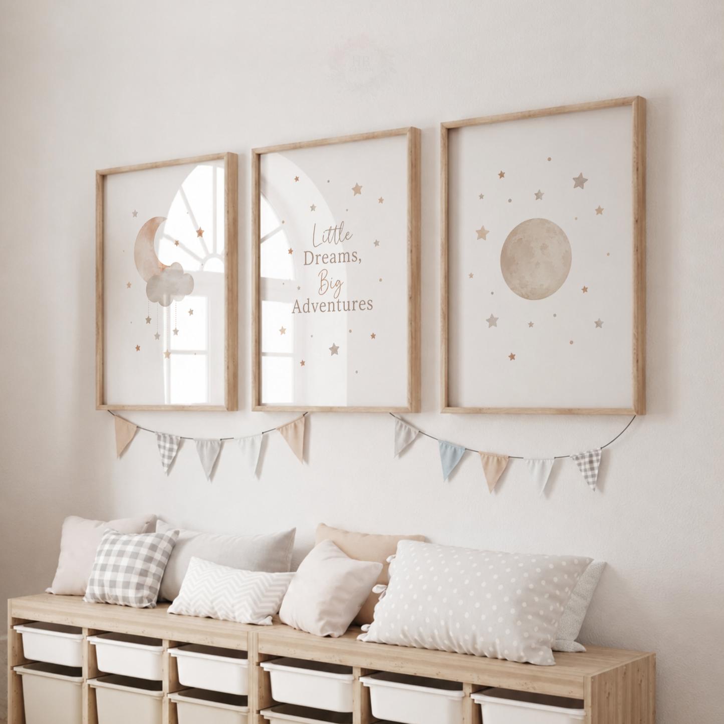 Little Dreams Big Adventures Nursery Prints – Set of 3 Neutral Moon & Stars Wall Art