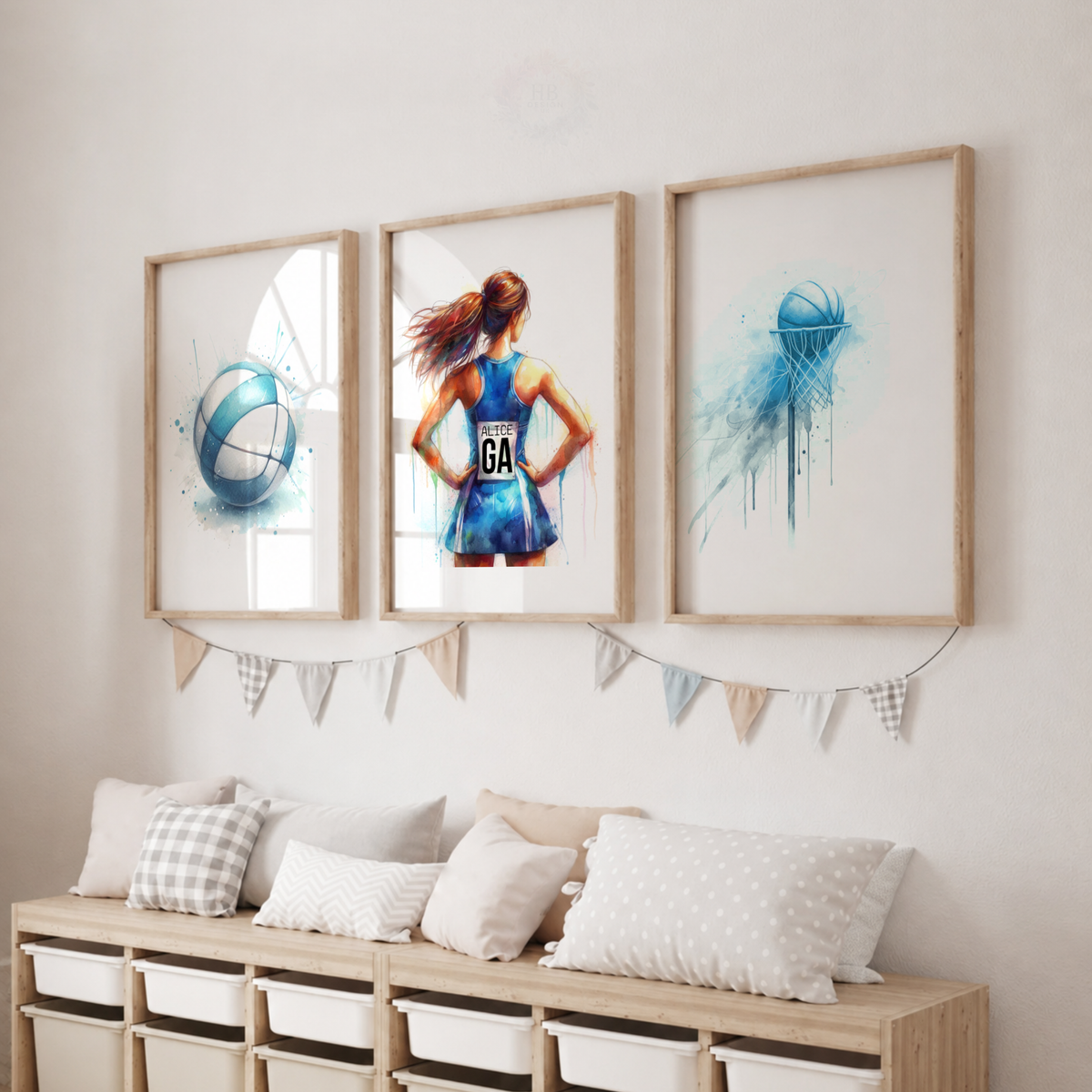 Personalised Girls Netball Wall Art Set – Blue Watercolour Netball Prints