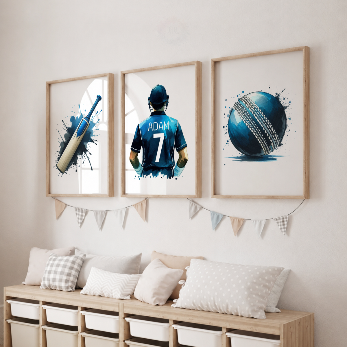 Personalized Cricket Wall Art Set – Custom Name & Number Blue Watercolor Sports Prints