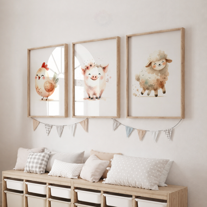 Farm Animal Nursery Prints Set – Chicken, Pig & Sheep Watercolour Wall Art