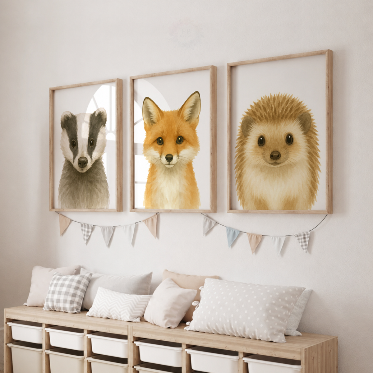 Woodland Animal Watercolor Prints Set – Badger, Fox & Hedgehog Nursery Wall Art
