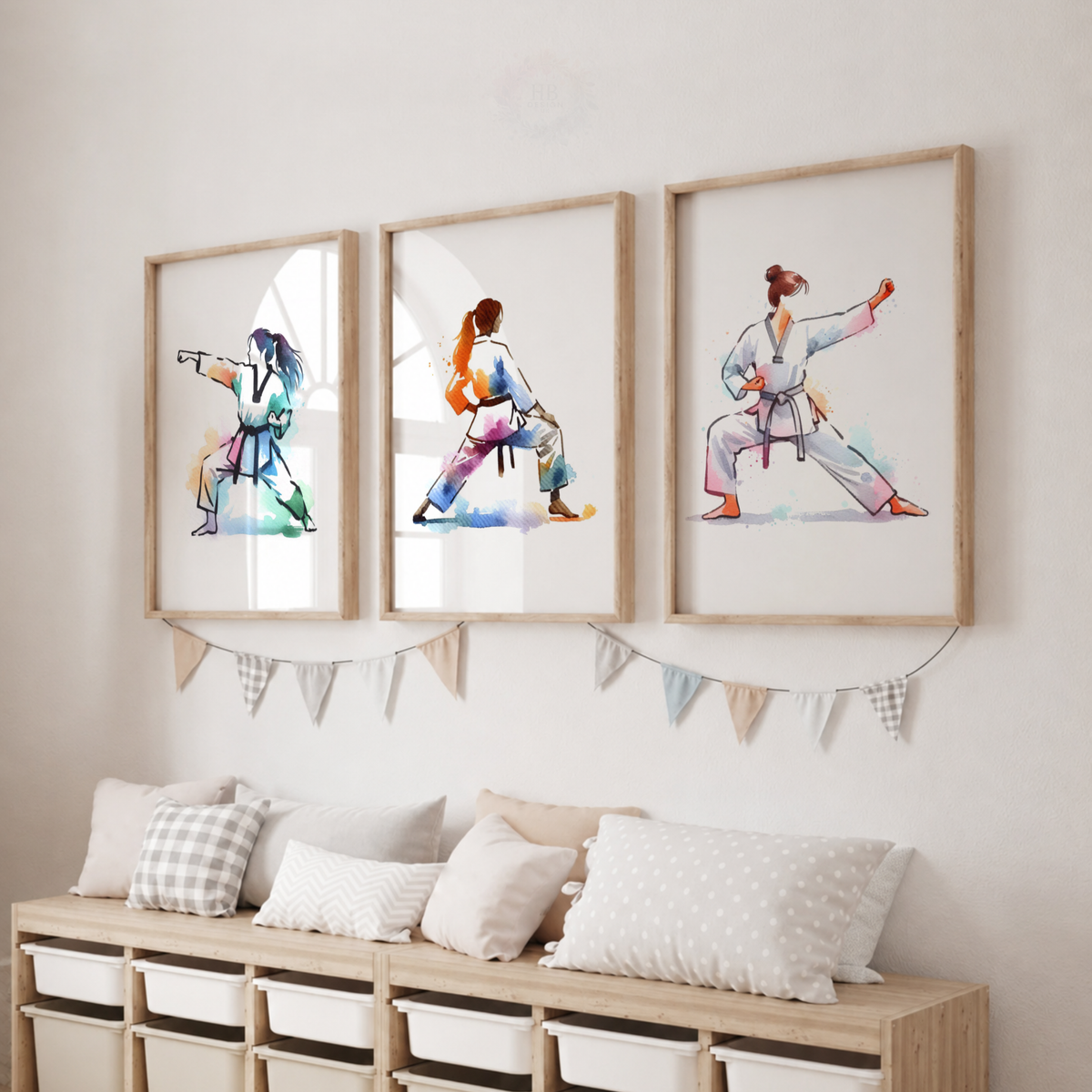 Girls Karate Wall Art Set – Colourful Watercolour Martial Arts Prints for Bedroom
