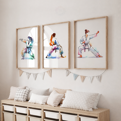 Girls Karate Wall Art Set – Colourful Watercolour Martial Arts Prints for Bedroom