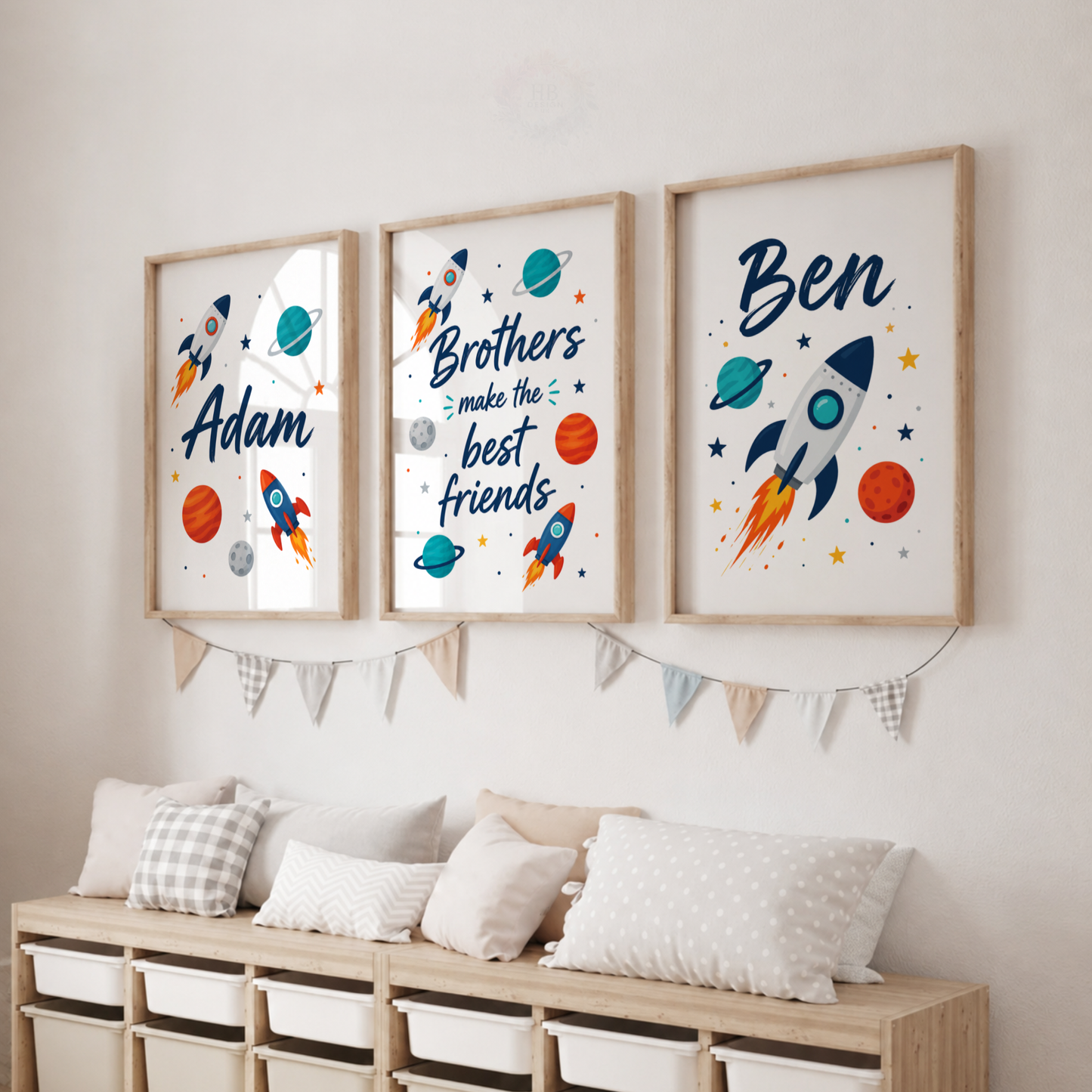 Space Brothers – Personalised Rocket & Planets Boys Print Set