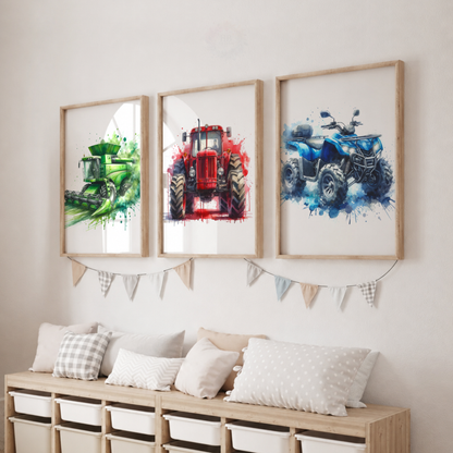 Farm Vehicle Nursery Prints Set – Tractor, Combine Harvester & Quad Bike Wall Art