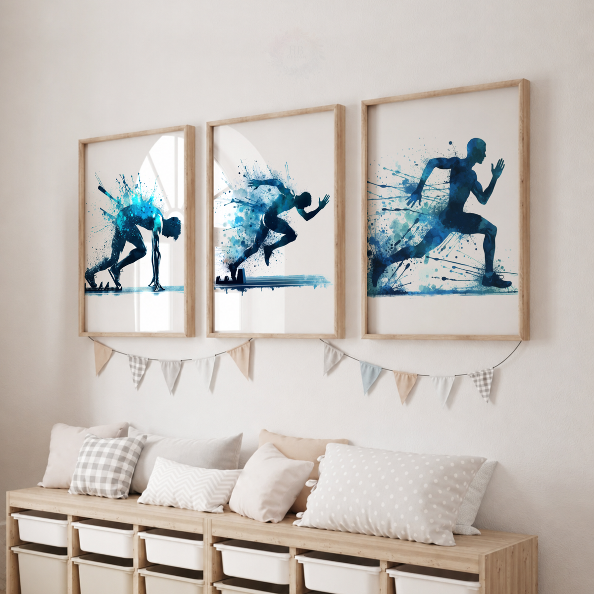 Sprint Running Watercolor Wall Art Set – Blue Athlete & Track Runner Sports Prints