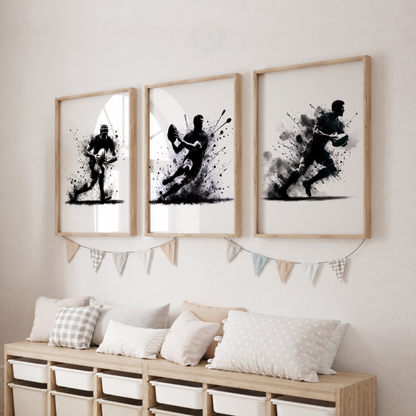 Rugby Watercolor Wall Art Set – Black & White Rugby Player Sports Prints