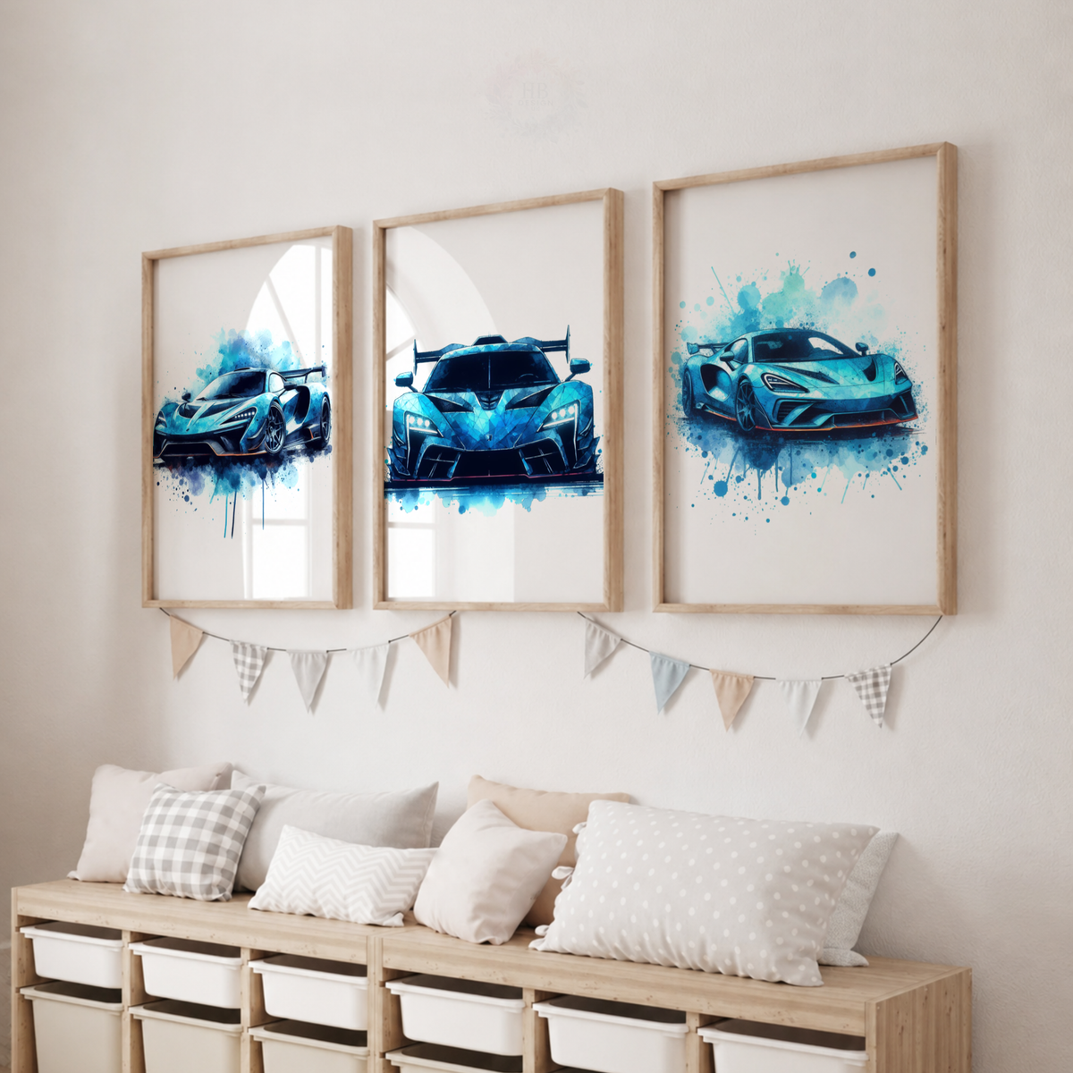 Blue Supercar Wall Art Set – Watercolor Sports Car Prints