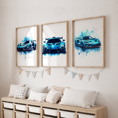 Blue Supercar Wall Art Set – Watercolor Sports Car Prints