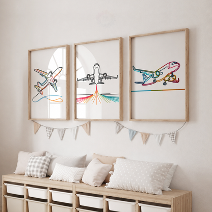 Colorful Airplane Wall Art Set – Minimalist Aviation Line Art Prints
