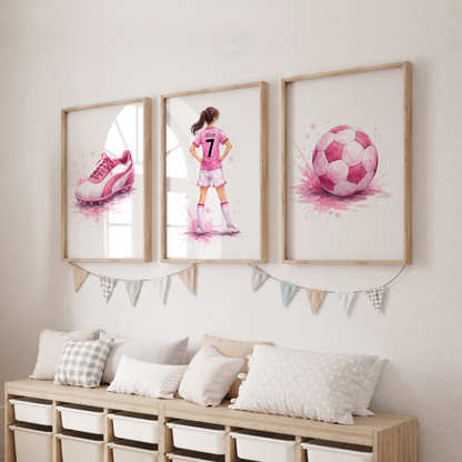 Girls Football Wall Art Set – Pink Watercolour Football Player Prints