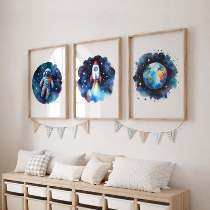 Watercolor Space Nursery Prints Set – Astronaut Rocket & Earth Wall Art