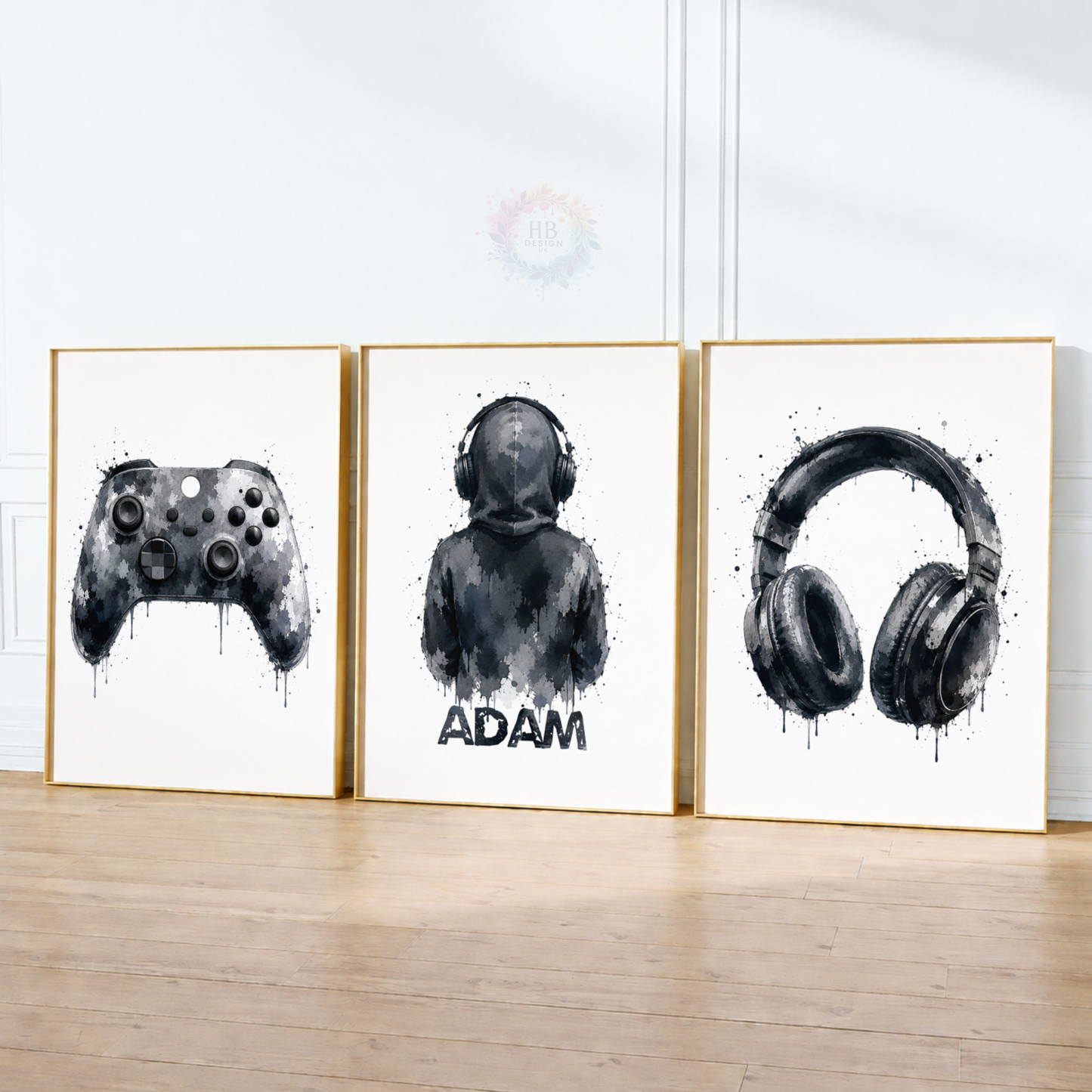 Personalised Black & Grey Gamer Wall Art Set – Controller, Gamer & Headphones Prints