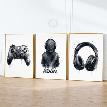 Personalised Black & Grey Gamer Wall Art Set – Controller, Gamer & Headphones Prints