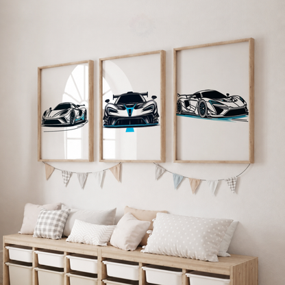 Supercar Racing Prints Set – Blue Sports Car Wall Art