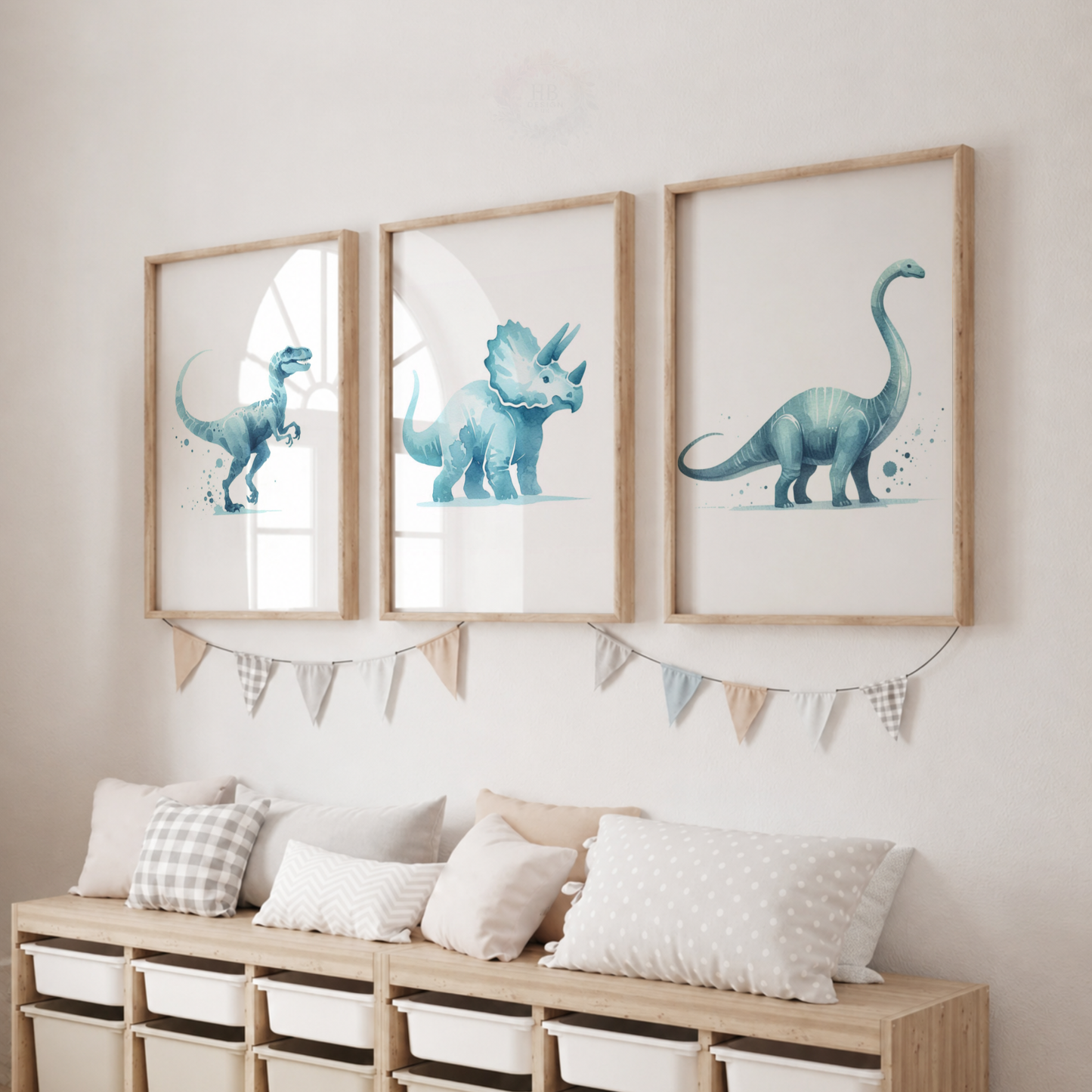 Blue Dinosaur Nursery Prints Set – Watercolour Dino Wall Art