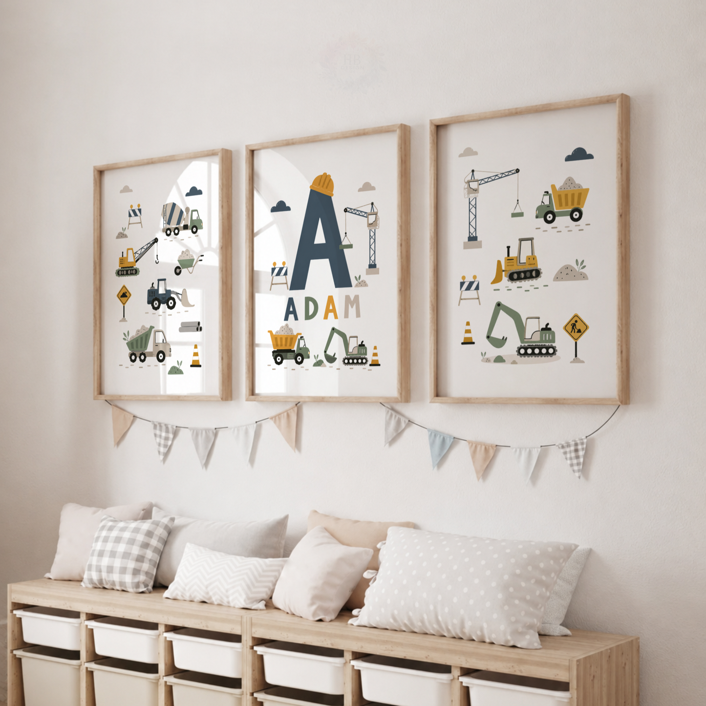 Personalised Construction Nursery Prints – Digger Truck & Crane Boys Wall Art Set