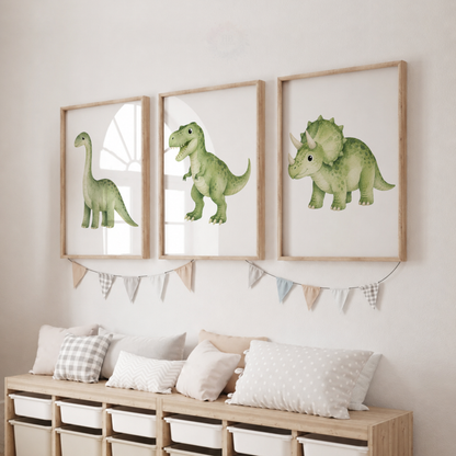 Green Dinosaur Nursery Wall Art Set – Cute Watercolour Dino Prints