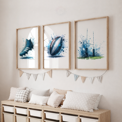 Rugby Watercolor Wall Art Set – Blue Rugby Boot, Ball & Goal Posts Sports Prints