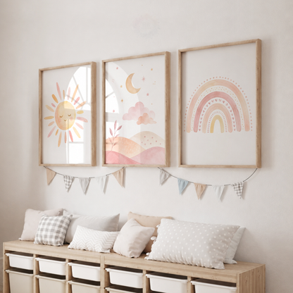 Pastel Rainbow Nursery Prints – Set of 3 Sun, Moon & Rainbow Boho Wall Art