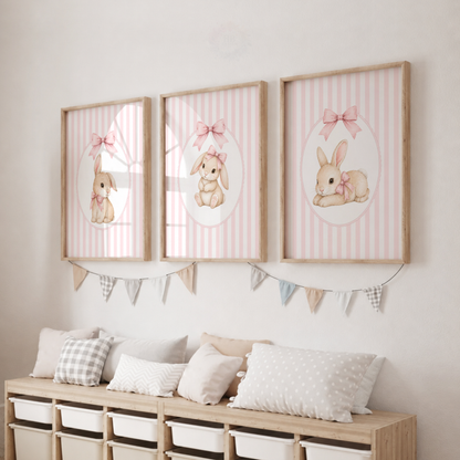 Pink Bunny Nursery Wall Art Print Set – Rabbit & Bow Girls Bedroom Decor