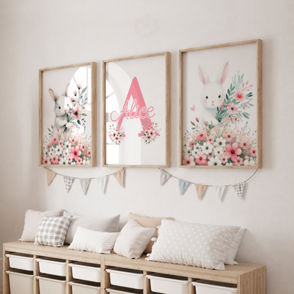 Personalised Bunny Wall Art Set – Pink Floral Rabbit Nursery Prints