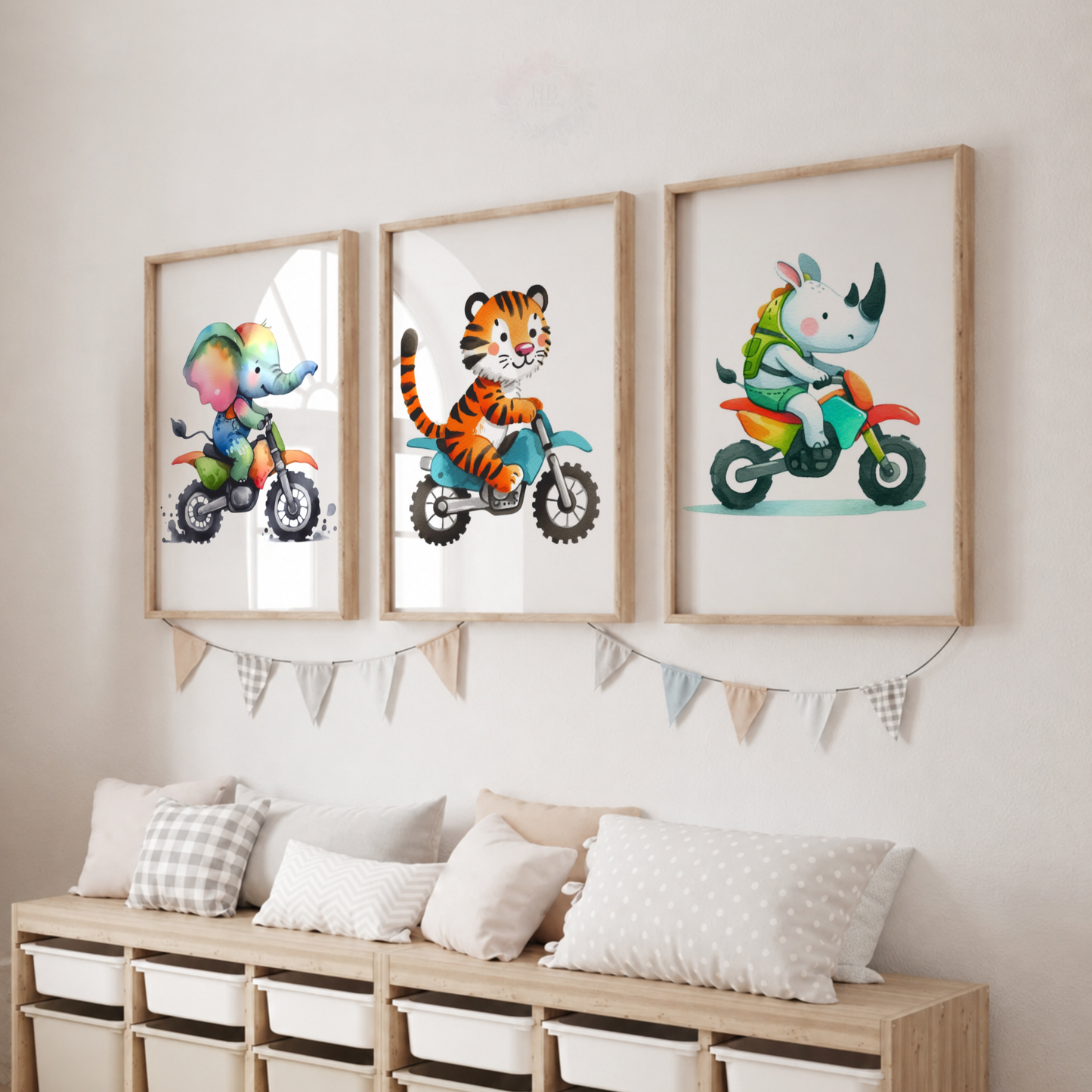 Safari Animals on Motorbikes Watercolor Wall Art Set – Kids Nursery Prints