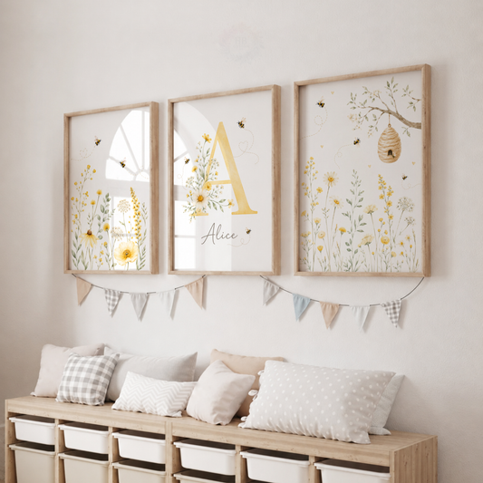 Personalised Bee & Wildflower Nursery Prints – Set of 3 Yellow Floral Wall Art