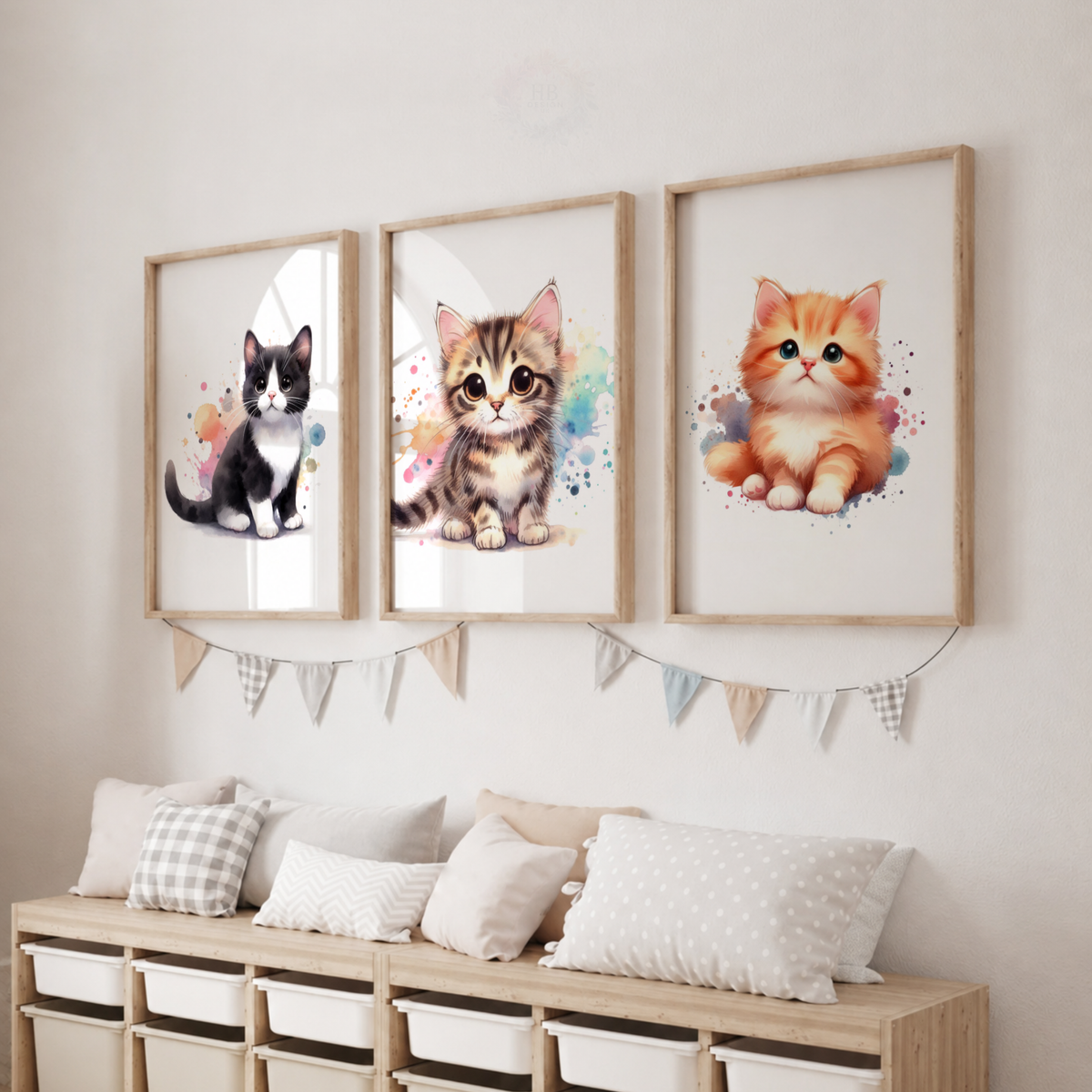 Cute Kitten Wall Art Set – Colourful Watercolour Cat Nursery Prints