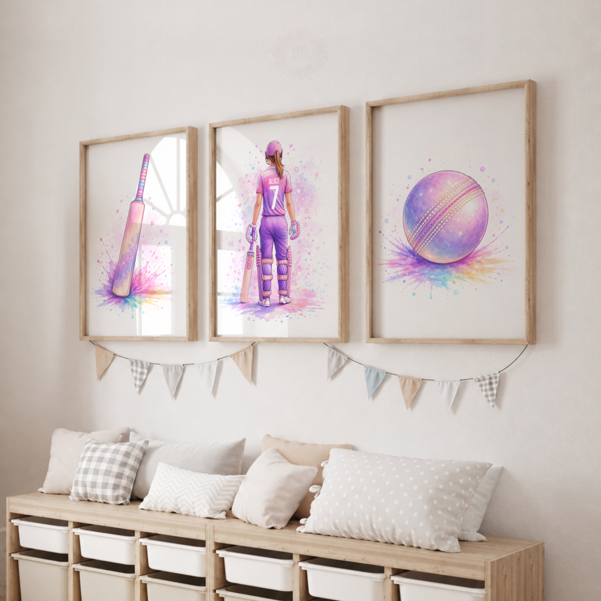 Personalised Girls Cricket Wall Art Set – Pink & Purple Watercolour Cricket Prints