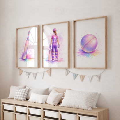 Personalised Girls Cricket Wall Art Set – Pink & Purple Watercolour Cricket Prints