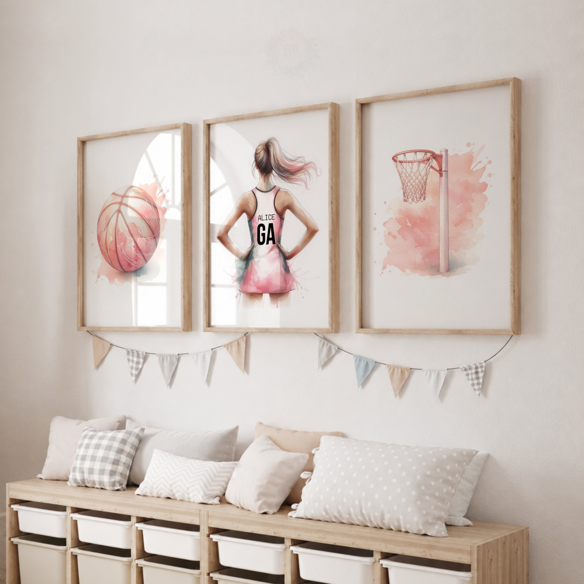 Personalised Netball Wall Art Set – Pink Watercolour Netball Prints for Girls’ Bedroom