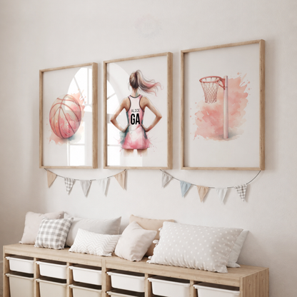 Personalised Netball Wall Art Set – Pink Watercolour Netball Prints for Girls’ Bedroom