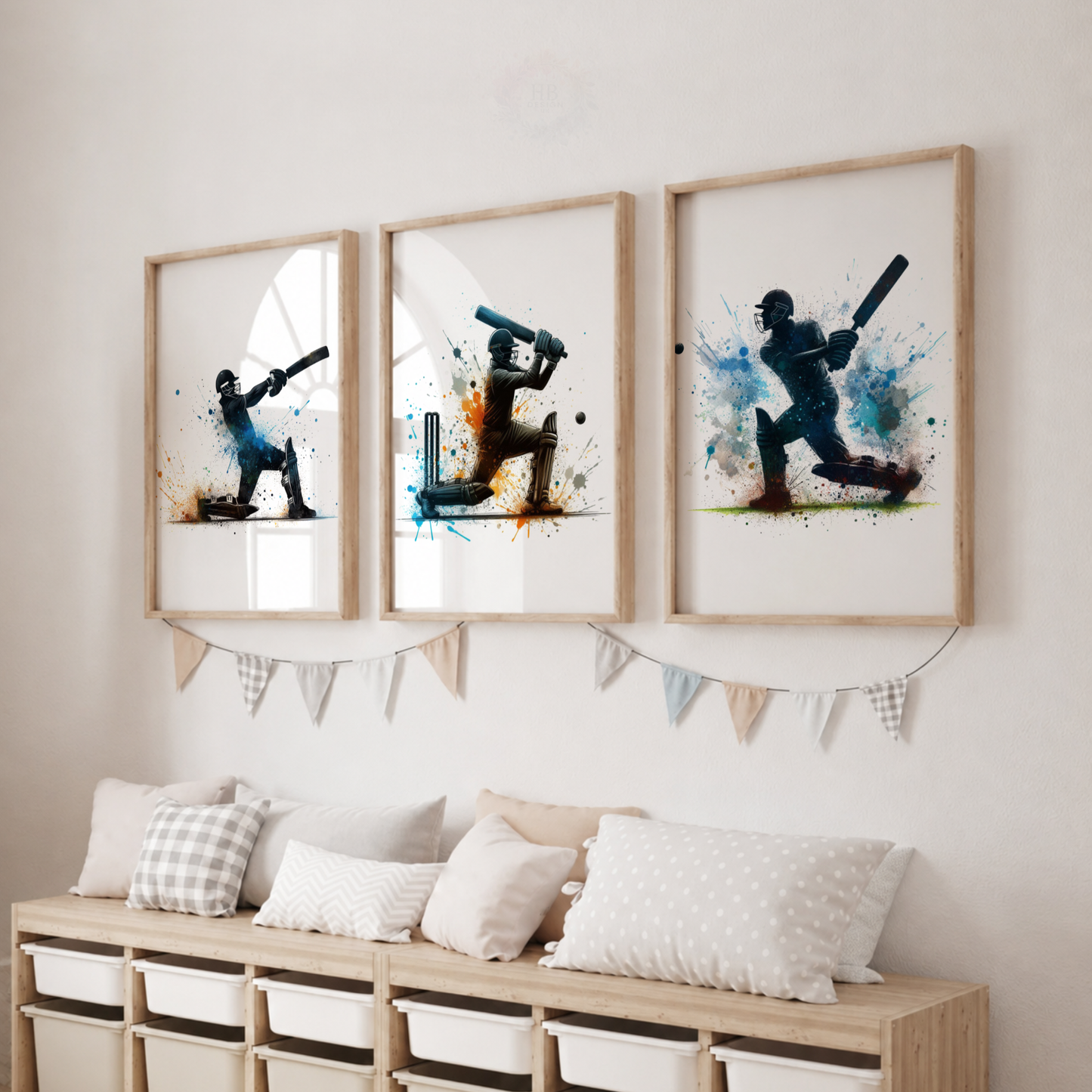 Cricket Batsman Watercolor Wall Art Set – Blue & Orange Cricket Player Sports Prints