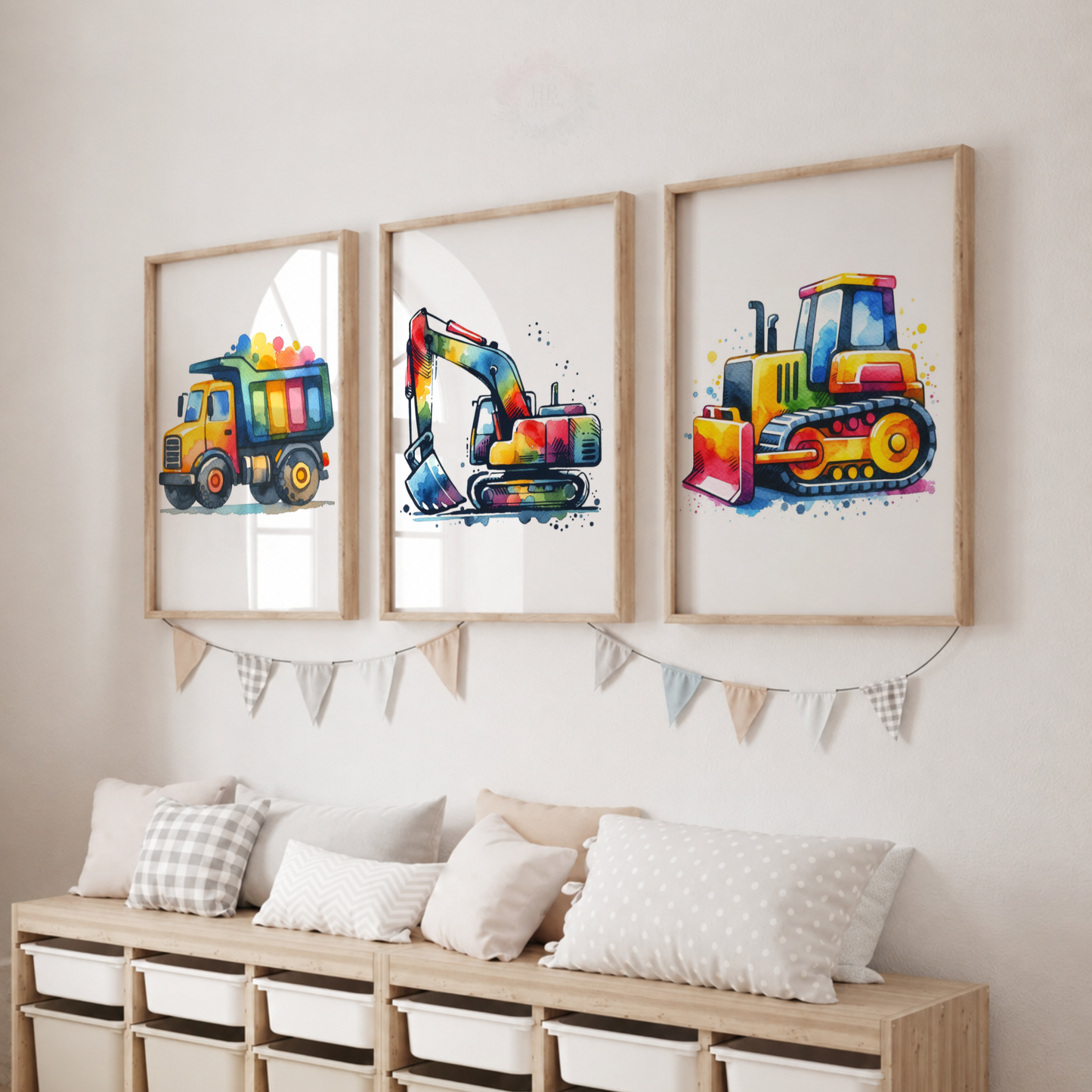 Colorful Construction Vehicle Nursery Prints Set – Dump Truck Excavator & Bulldozer Wall Art